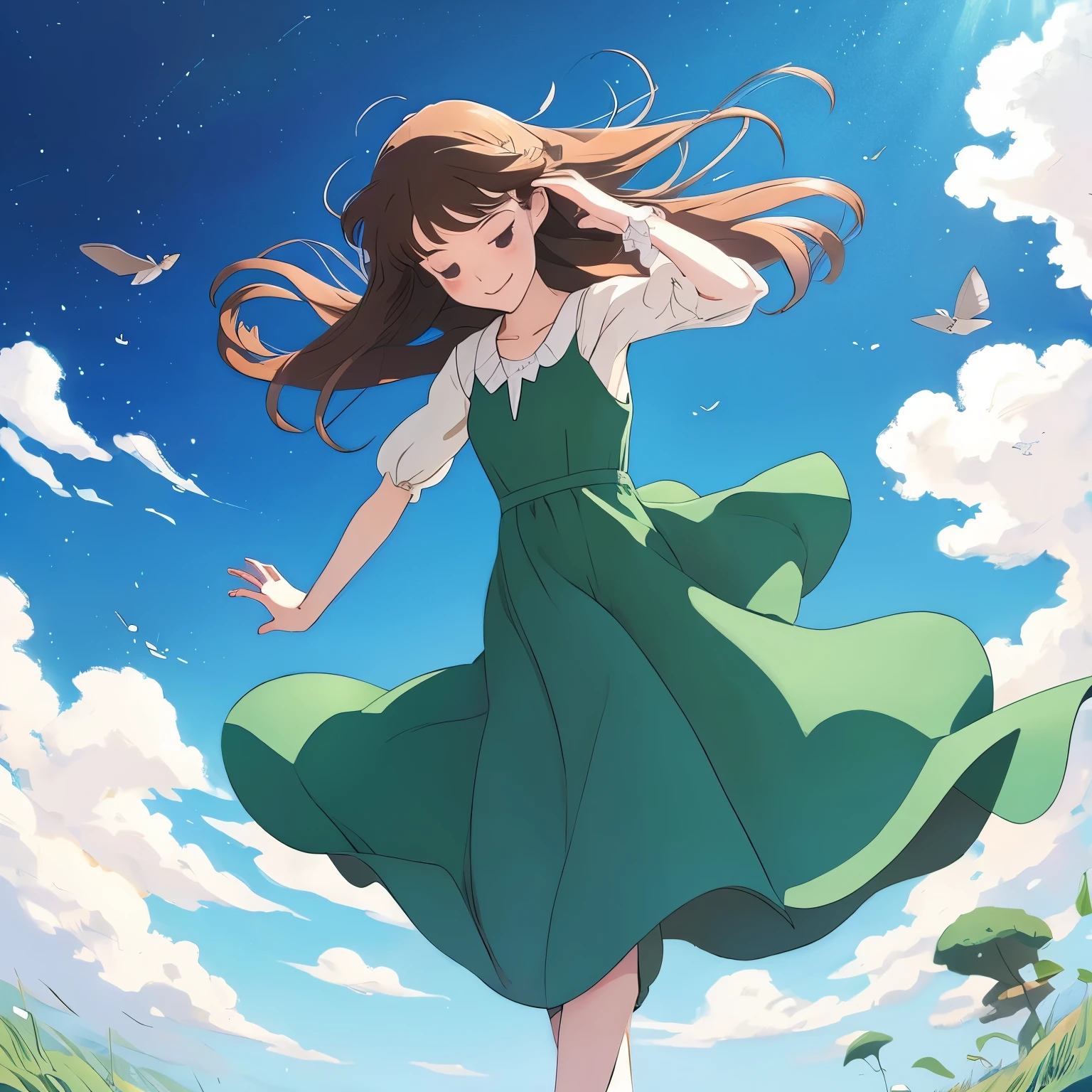 「Wearing an elegant dress that flies in the sky、Let's draw a Ghibli-style female character dancing on the wind..。」