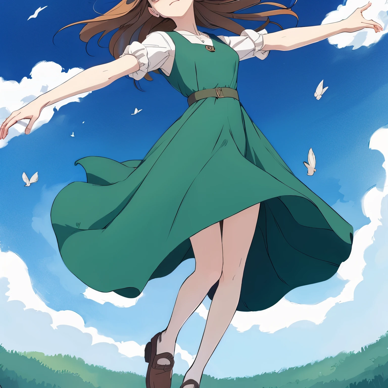「Wearing an elegant dress that flies in the sky、Let's draw a Ghibli-style female character dancing on the wind..。」