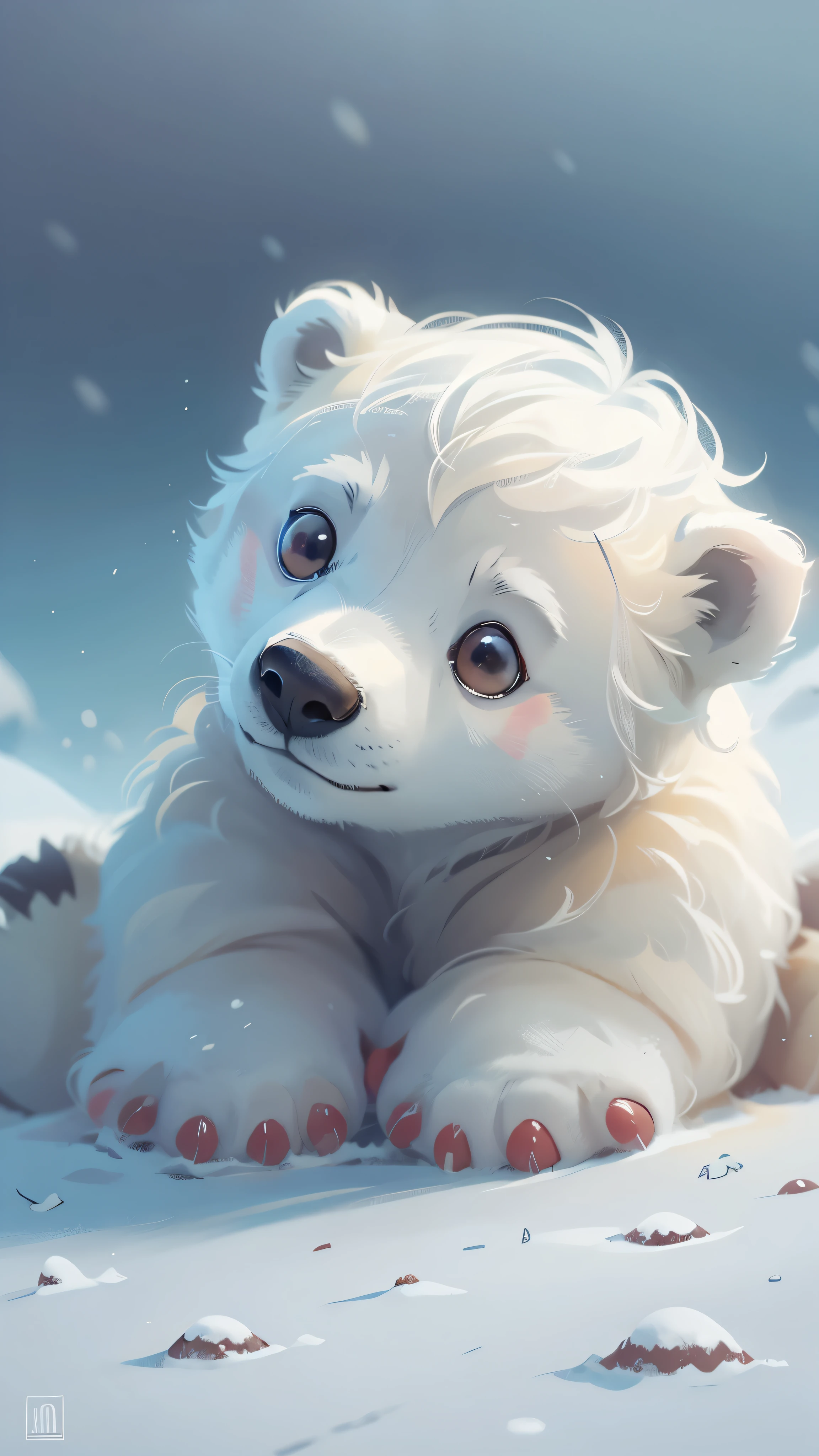 Cute polar bear is tired of playing,It lies on the snow to rest,front view,close up, Pixar style, best quality, stills, very cute, big eyes, Very happy,high details, high quality, masterpiece, ccurate, super detail,