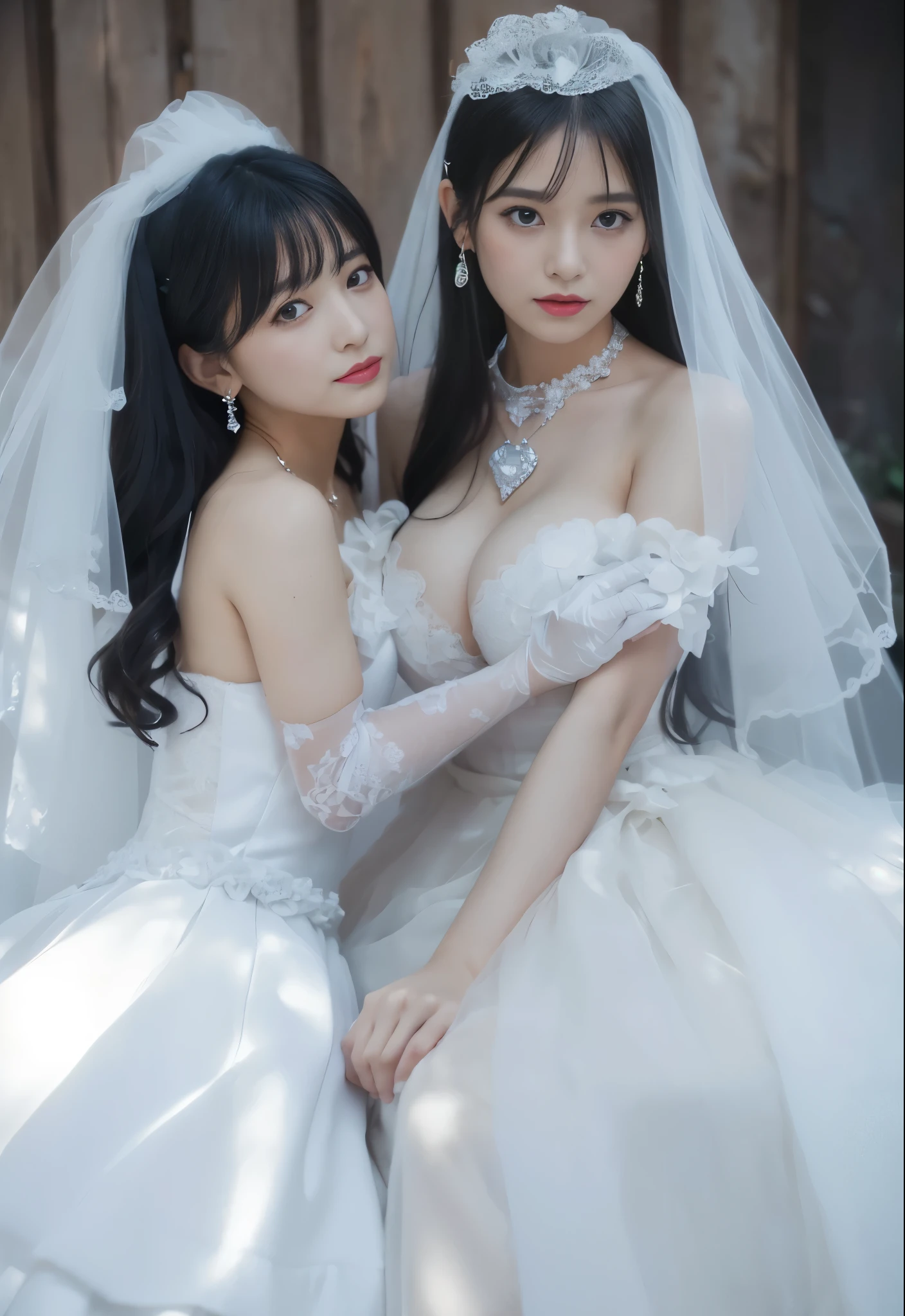 2girls,bride,Shut up,embrace,Gurwitz,black hair,makeup,(bride頭紗:1.5),(short sheer veil:1.5),Blushing face,Head flower,headgear,(tube top wedding dress:1.5),(Silk dress:1.2),(Strapless wedding dress:1.5),Bouquet,pure white dress,necklace,earrings,(large breasts:1.3),Deep V peach heart collar wedding dress,Bangs,lipstick,(lace gloves:1.3),Bust photo,High detail RAW color art,Tyndall phenomenon