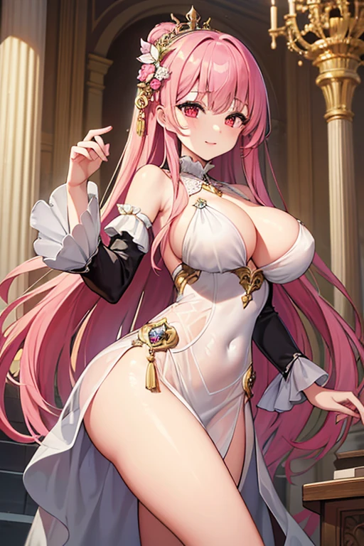 {{{{masterpiece}}}}, {{{super detailed}}}, {{{High resolution}}}, {{excellent anatomy}}, (((highest quality))), ((very delicate and beautiful)), {{very detailed and delicate}}, extremely detailed, solo, One female、best style、beautiful woman、The most beautiful woman in the world、(Sheer sexy dress:1.5),((big breasts))、(((long pink hair)))、Inside the chalk palace, baroque architecture, elegant walkways between towers, in luminist baroque style, royal palace, Baroque symmetry, Italian Renaissance architecture, Endless corridors, Rococo architecture, baroque palace,extremely detailedな瞳, solo, perfect face, pretty face, highly detailed face,Rich facial expressions、smile、(muste piece), (best quality)、red eyes、sexy pose、sexy woman、beautiful and detailed design