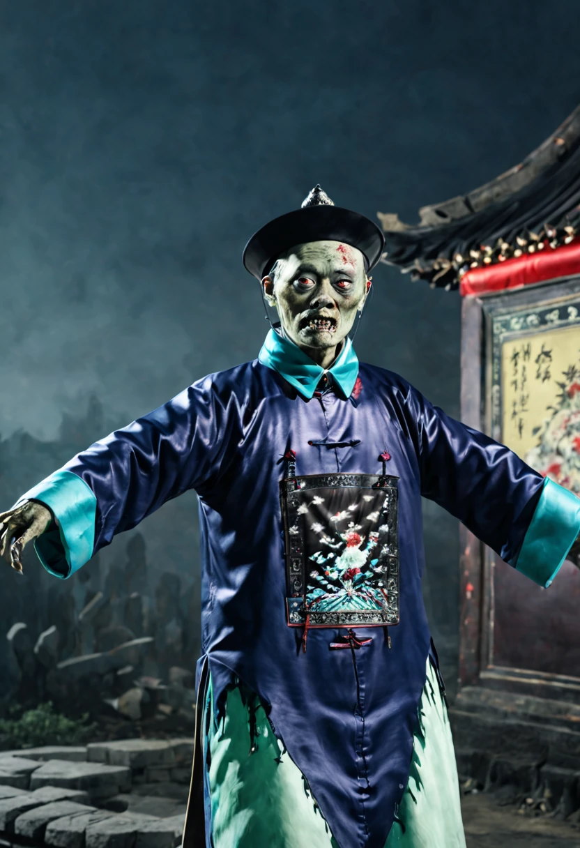 A terrifying Qing Dynasty zombie stands at the center with arms stretched out at a 90-degree angle, Stare forward fiercely. zombie装饰havezombie_have, The dimly lit environment depicts the faint glow of the town. ((actual))),((masterpiece), (best quality), 超high resolution, (original photo:1.2), (photoactual:1.4), Outstanding details, dramatic lighting, high resolution, 8k, ridiculous,Chinese building, Chinese tower, obsolete, (Chinese_clear_zombie:1.5),The color palette is dark and ominous, Create an atmosphere of fear. The overall composition reflects the ink elements of Asian horror posters and traditional Chinese aesthetics.