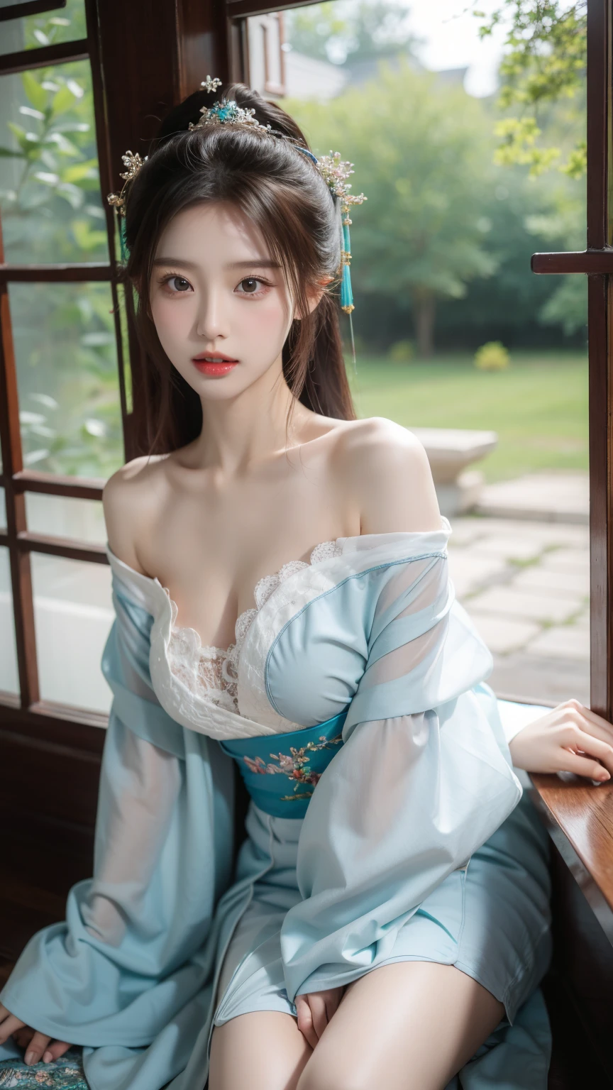 （whole body,panoramic），cleavage,Shoulder，perfect eyes，perfect iris，perfect lips，perfect teeth，perfect skin，White skin，soft headlights，Front light，Chinese girl，Yarn（Colorful Hanfu），（chinese woman&#39；hairstyle），（Various dynamic poses），Background Chinese interior，Green trees outside the window，MUCH QUALITY，masterpiece，ultra high resolution，（lifelike：1.4），original photo（Super lifelike details）， best quality，（18-year-old Chinese fashion female model）