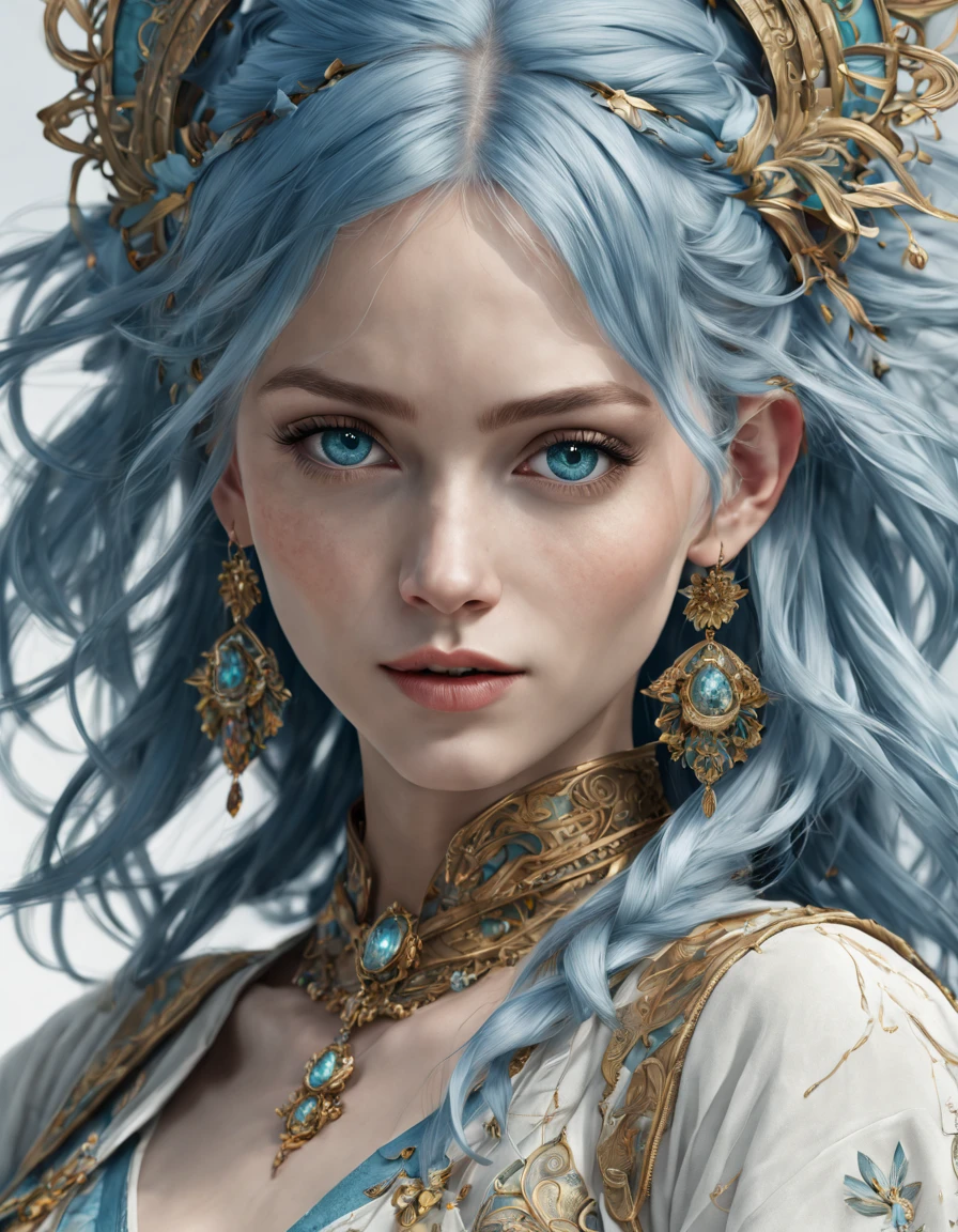 (8k 16k, RAW photo, best quality, master:1.2), (realistic, photo-realistic:1.37), ultra detailed, 1girl,solo, upper body, blue hair, big ice blue eyes, realistic, looking at viewer, happy, smile, masterpiece, realistic photography, by Alphonse Mucha, by Wlop, ), (Exaggerated Perspectives), f/ 2.8, (Surrealist Style), Visionary Art, (Trending on artstation) intricate outfit, intricate jewelry, necklace, large earrings, 