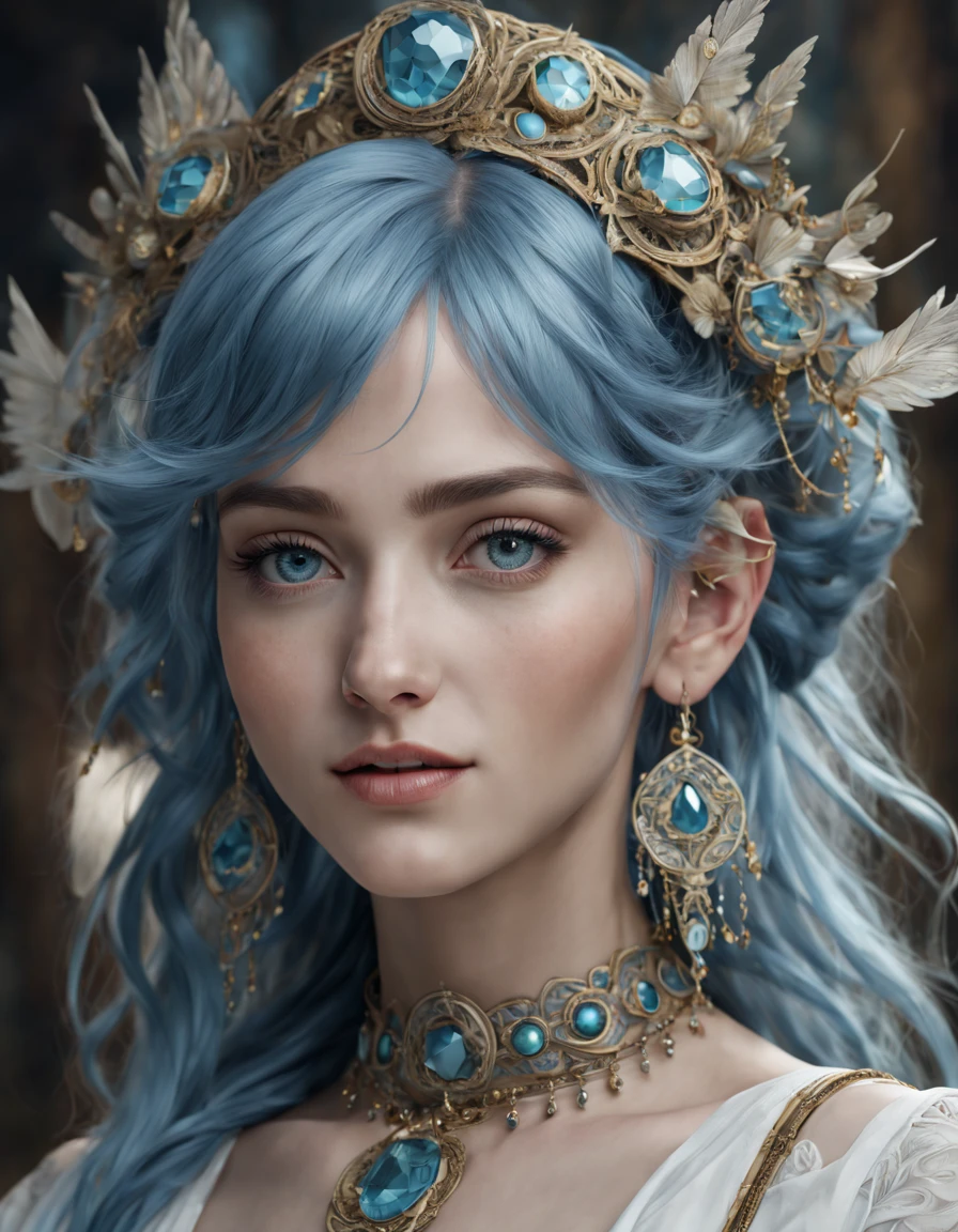 (8k 16k, RAW photo, best quality, master:1.2), (realistic, photo-realistic:1.37), ultra detailed, 1girl,solo, upper body, blue hair, big ice blue eyes, realistic, looking at viewer, happy, smile, masterpiece, realistic photography, by Alphonse Mucha, by Wlop, ), (Exaggerated Perspectives), f/ 2.8, (Surrealist Style), Visionary Art, (Trending on artstation) intricate outfit, intricate jewelry, necklace, large earrings, 