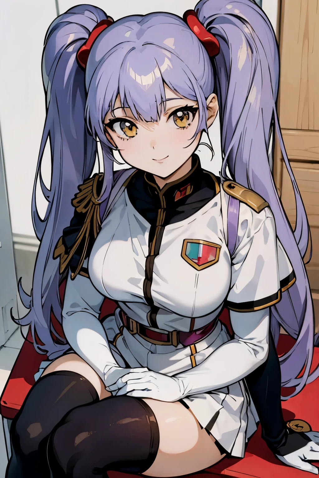 (masterpiece), (best quality), detailed face, anime \(style\), hoshino_ruri_(nadesico), 1girl, looking at viewer, purple hair, yellow eyes, twintails, hair ornament, military, military uniform, white gloves, smile, portrait, badge, black skirt, black thighhighs,