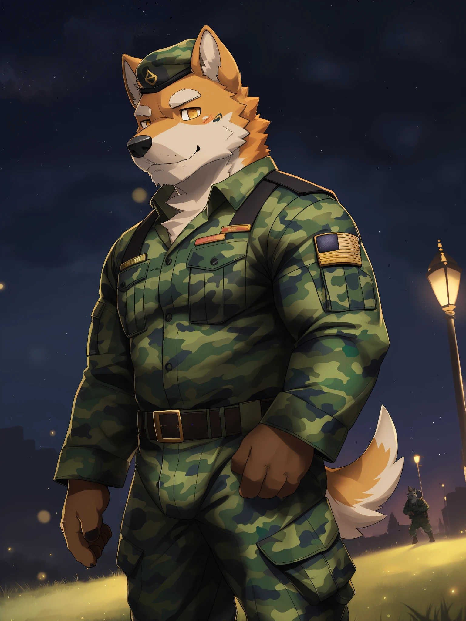 solo, (middle-aged male), (muscular,rascal mustache), shaman, (male anthro dog):1.3, black body, white belly, (standing):1.3, (kemono:1.4) (praying):1.23, (detailed camo costume, soldier uniform, grass green Pattern: 1.2), detailed eyes, dog tail, dog ears, ((bust portrait)), (detailed eyes, golden eyes,): 1.1, (outdoor: 1.35), wind, street lights, street, stars, night , (particles, scattered letters, orange glow): 1.3, detailed background, realistic, realistic hands, 8k hd, (dark shadows, wide dynamic range, hdr, low light: 1.2)