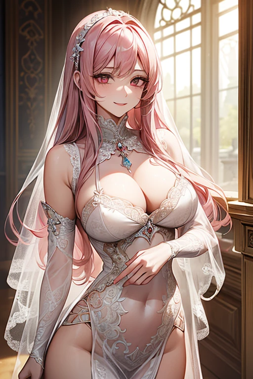 {{{{masterpiece}}}}, {{{super detailed}}}, {{{High resolution}}}, {{excellent anatomy}}, (((highest quality))), ((very delicate and beautiful)), {{very detailed and delicate}}, extremely detailed, solo, One female、best style、beautiful woman、The most beautiful woman in the world、(Sheer sexy dress:1.5),((big breasts))、(((long pink hair)))、Inside the chalk palace, baroque architecture, elegant walkways between towers, in luminist baroque style, royal palace, Baroque symmetry, Italian Renaissance architecture, Endless corridors, Rococo architecture, baroque palace,extremely detailedな瞳, solo, perfect face, pretty face, highly detailed face,Rich facial expressions、smile、(muste piece), (best quality)、red eyes、sexy pose、sexy woman、beautiful and detailed design