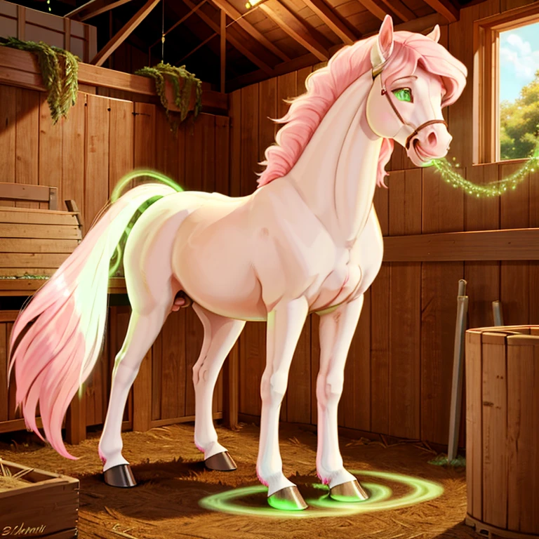 shocked slim and tall feral Female horse with White fur and long pink mane and tail and glowing Green eyes standing on all fours hooves there are some traces of magic floating around her she is in a stable