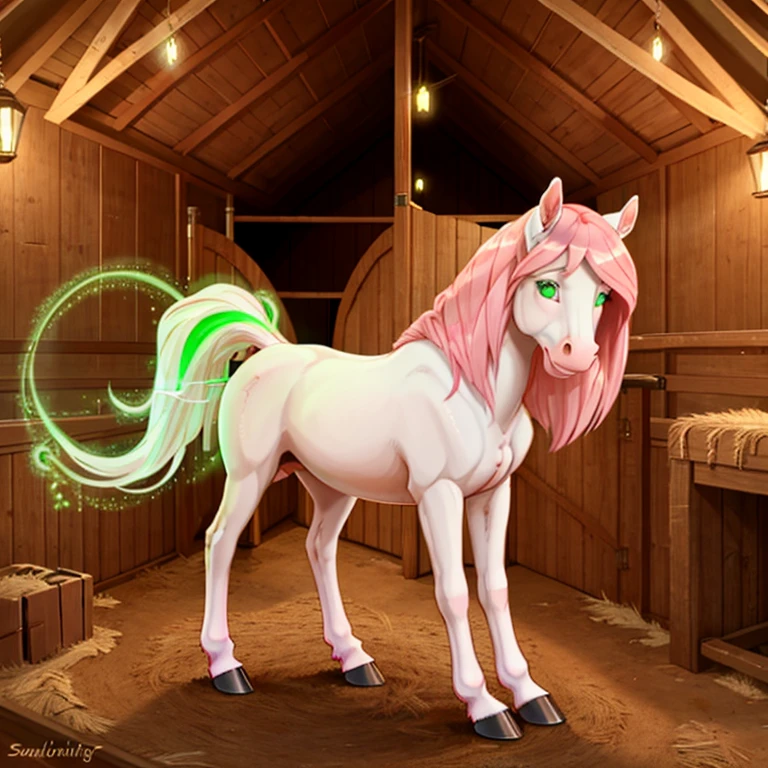 shocked slim and tall feral Female horse with White fur and long pink mane and tail and glowing Green eyes standing on all fours hooves there are some traces of magic floating around her she is in a stable