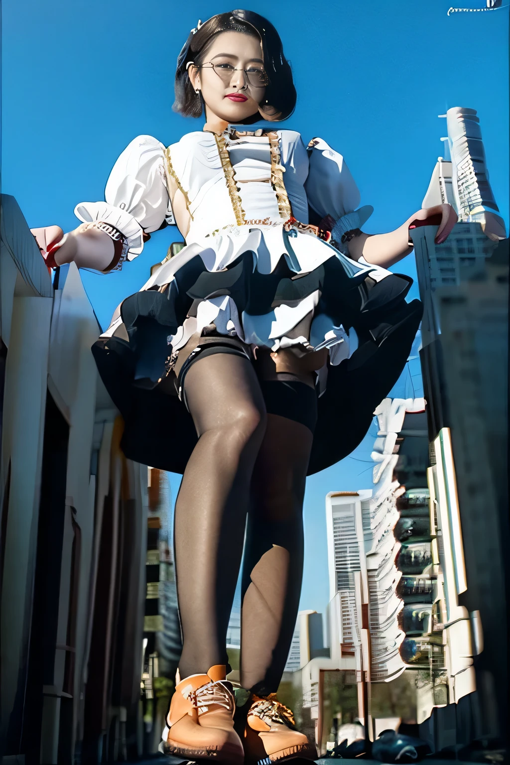 giantess art, 非常に詳細なGiantショット, Giant, short hair, black pantyhose, A maid that is much bigger than a skyscraper, wearing rimless glasses, big breasts, big butt, navy maid uniform, black pantyhose, black shoes, very small metropolis, miniature metropolis, full body description, gts, giga giantess, stomping city, crash city, tiny city, micro city, maid,