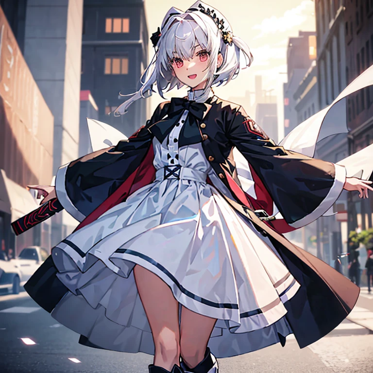Al Quaid \(Tsukihime\), ((1 girl:1.5)), (((alone:1.5))),turn your arms behind your back, black bowtie, blush, button, white fur capelet, dress, fur trim, looking at the viewer, open your mouth, smile, alone, vampire, white dress, Bokeh, long sleeve, :d, blurry, blurry background, boots, thigh boots, Al Quaid \(coat\),