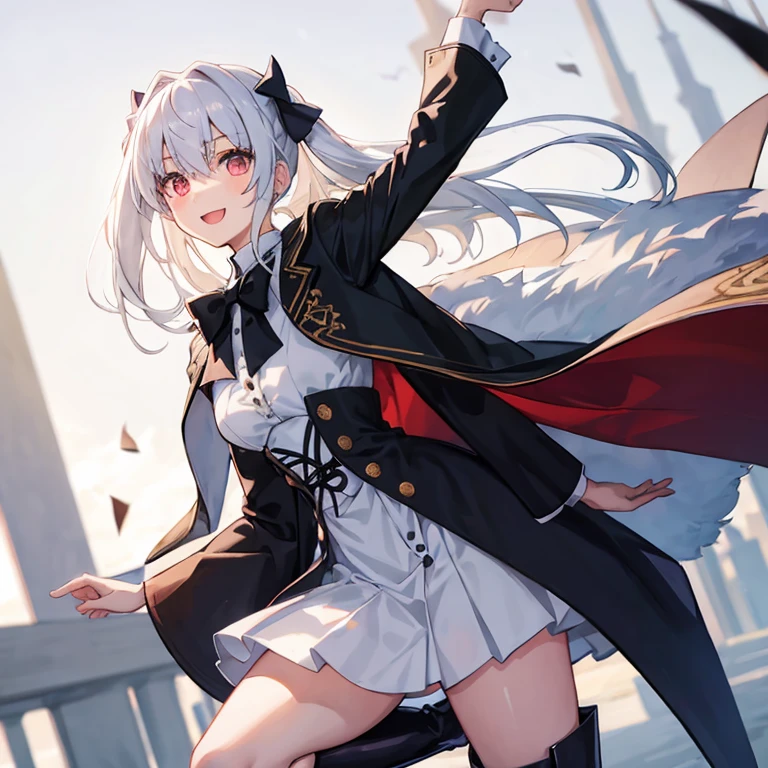 Al Quaid \(Tsukihime\), ((1 girl:1.5)), (((alone:1.5))),turn your arms behind your back, black bowtie, blush, button, white fur capelet, dress, fur trim, looking at the viewer, open your mouth, smile, alone, vampire, white dress, Bokeh, long sleeve, :d, blurry, blurry background, boots, thigh boots, Al Quaid \(coat\),