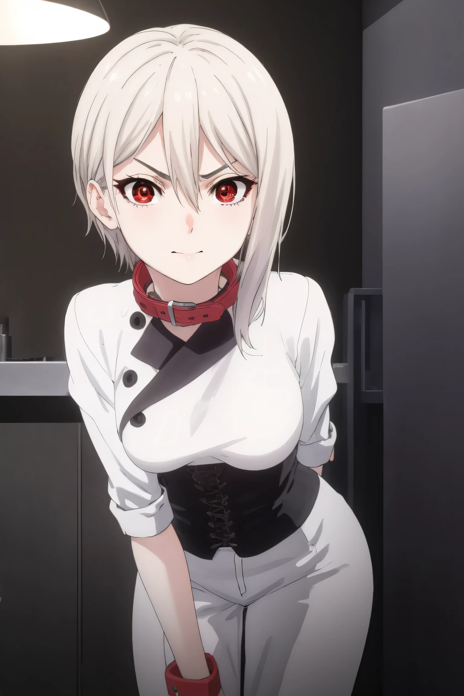 alicenakiri, alice nakiri, short hair, (red eyes:1.3), white hair, hair between eyes, smile,
BREAK Angry Face, BDSM,slave,Rubber,Black Corset,Bondage,Collar,NSFW,
BREAK indoors, kitchen,
BREAK looking at viewer, (cowboy shot:1.5),standing, leaning forward, arms behind back,
BREAK (masterpiece:1.2), best quality, high resolution, unity 8k wallpaper, (illustration:0.8), (beautiful detailed eyes:1.6), extremely detailed face, perfect lighting, extremely detailed CG, (perfect hands, perfect anatomy),