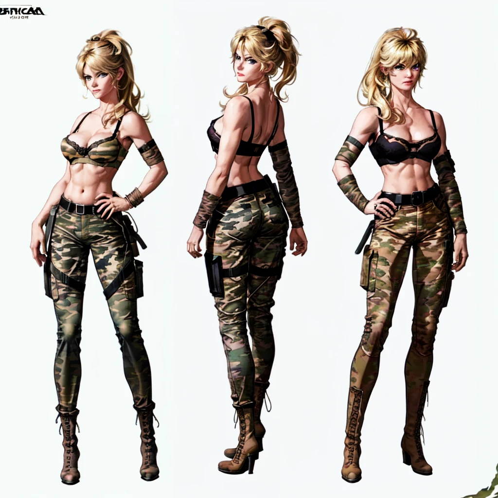 front view, side view, back view, different poses of female bbardot as apocalypse mercenary, masterpiece, best quality, detailed face, toned, muscular, (black tube bra:1.5), (underboob:1.2),military gear, boots, dagger, pistols, belt, laces, strings, ((camouflage pants:1.2)), blond hair, ((hair held with a band)), (“Bardot cut” hairstyle:1.2), video game character design, character artwork, video game character art, official concept art, ( ( character concept art ) ), high quality character design, character art the contra, full character concept art