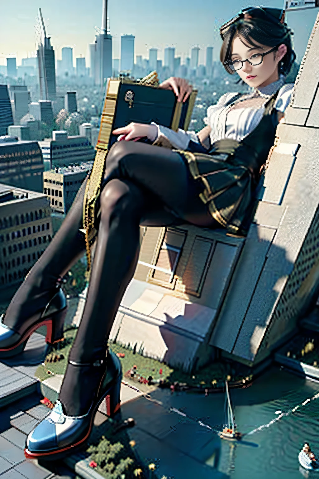 giantess art, 非常に詳細なGiantショット, Giant, short hair, black pantyhose, A maid that is much bigger than a skyscraper, wearing rimless glasses, big breasts, big butt, navy maid uniform, black pantyhose, black shoes, very small metropolis, miniature metropolis, full body description, gts, giga giantess, stomping city, crash city, tiny city, micro city, maid, 