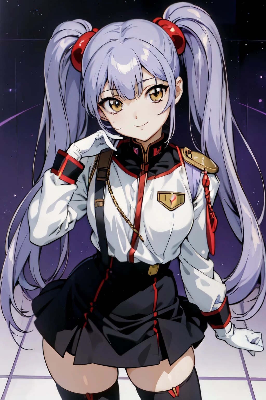 (masterpiece), (best quality), detailed face, anime \(style\), hoshino_ruri_(nadesico), 1girl, looking at viewer, purple hair, yellow eyes, twintails, hair ornament, military, military uniform, white gloves, smile, evil smile, portrait, badge, black skirt, black thighhighs,