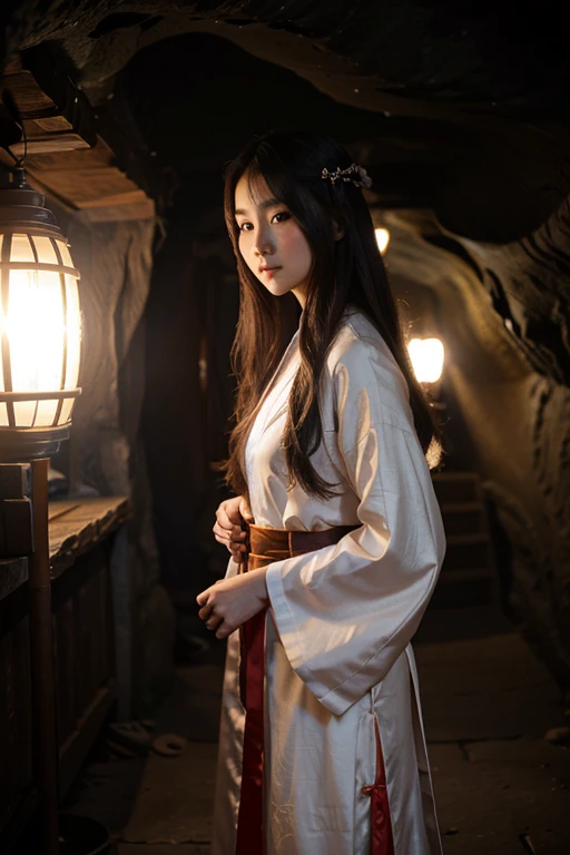 A beautiful woman wearing Hanfu stands in Hongya Cave