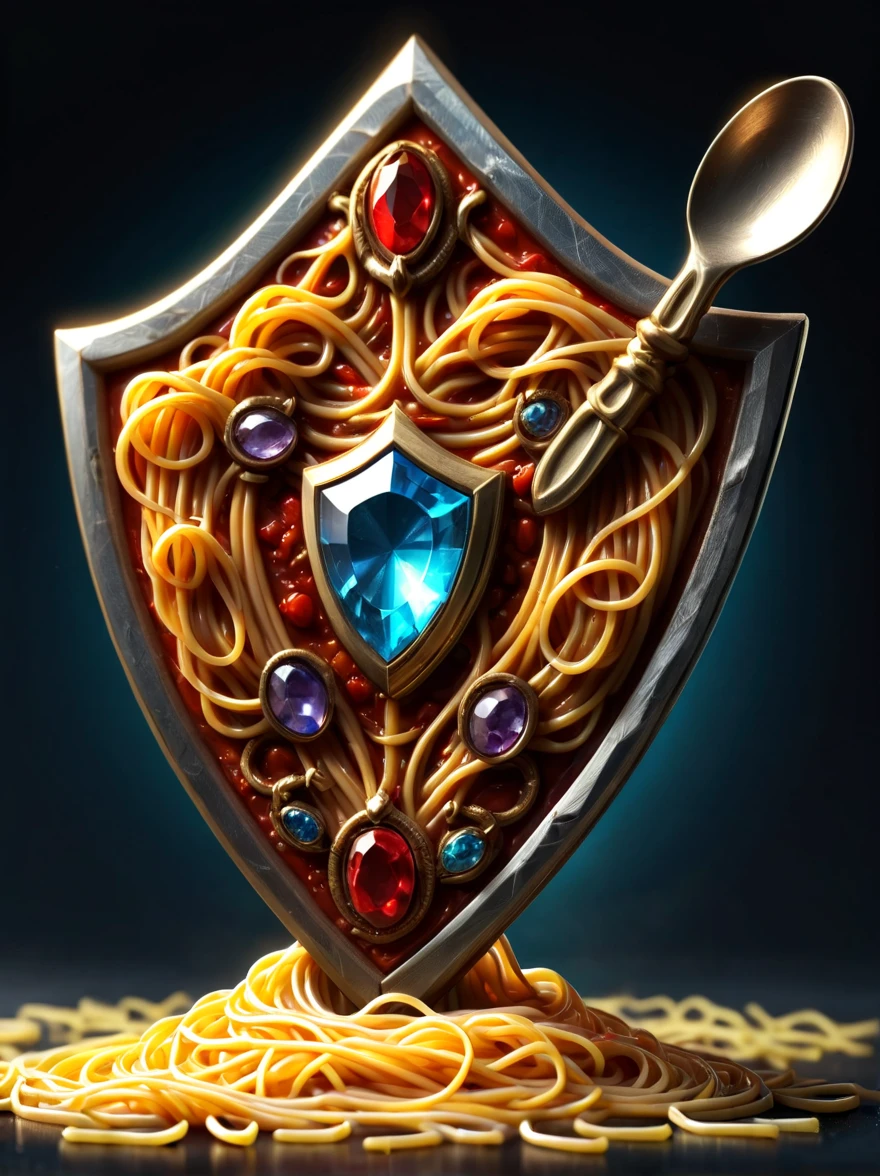 High quality concept game art of fantasy spaghetti and spoon shield, simple background, extremely detailed, glowing transparent gemstone power, made of intricate spaghetti and spoon, concept weapon art