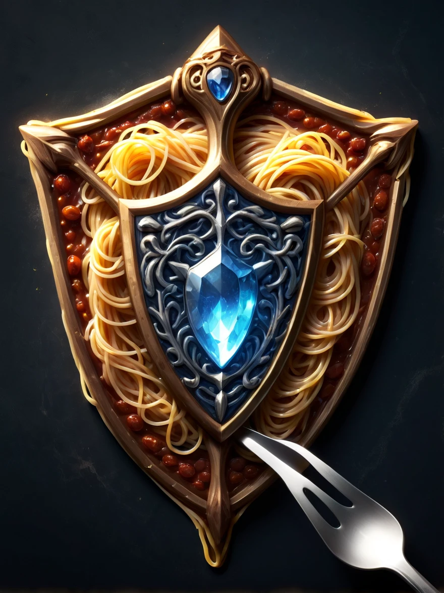 High quality concept game art of fantasy spaghetti and spoon shield, simple background, extremely detailed, glowing transparent gemstone power, made of intricate spaghetti and spoon, concept weapon art