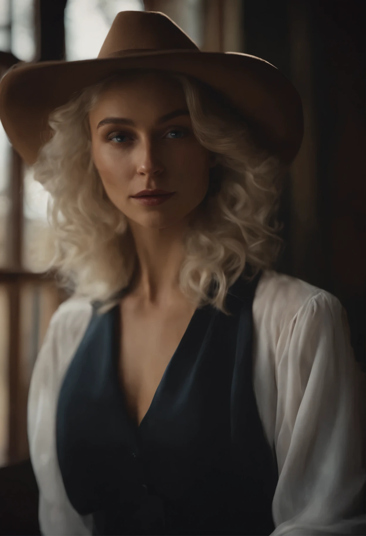 Very realistic female portrait by David Hockney and Alphonse Mucha,fiction art, Realistic pictures, Dynamic Lighting, ArtStation, poster, volumetric lighting, Highly detailed faces, 4 k, Award winning,, 1girl, in the dark, Deep shadow, Bottom button,Cowboy shot,(Formal wear:1.4) ,long hair,White hair,