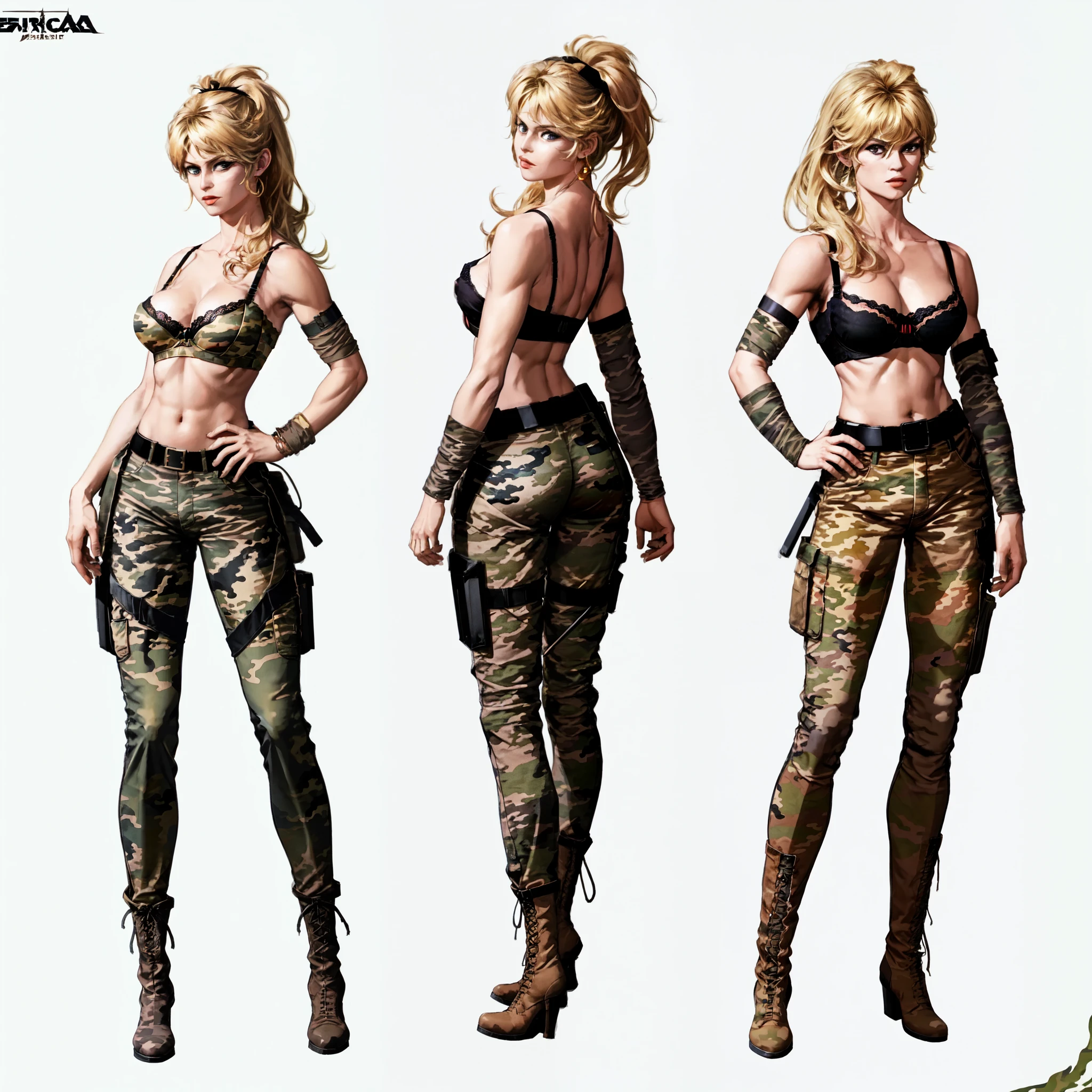 front view, side view, back view, different poses of female bbardot as apocalypse mercenary, masterpiece, best quality, detailed face, toned, muscular, (black tube bra:1.5), (underboob:1.2),military gear, boots, dagger, pistols, belt, laces, strings, ((camouflage pants:1.2)), blond hair, ((hair held with a band)), (“Bardot cut” hairstyle:1.2), video game character design, character artwork, video game character art, official concept art, ( ( character concept art ) ), high quality character design, character art the contra, full character concept art