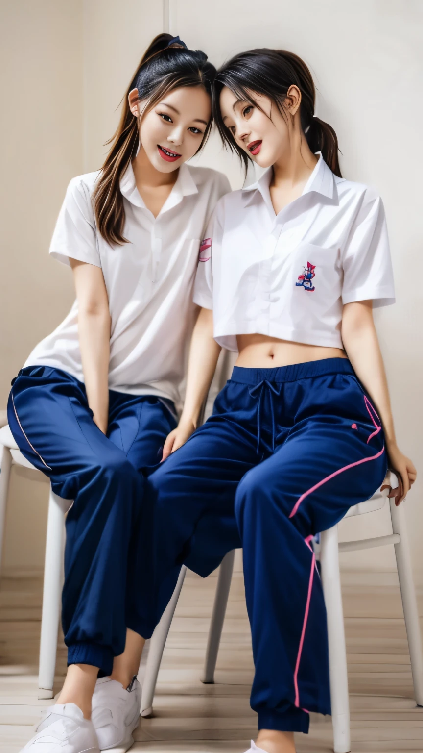 friendship,2 girls in the piano room, Navy blue short-sleeved shirt,Navy Long Trackpant,Sweatpants, Sweatpantsขายาว,25 year old girl, lesbian, sexy, lying on the bed., exercise clothes