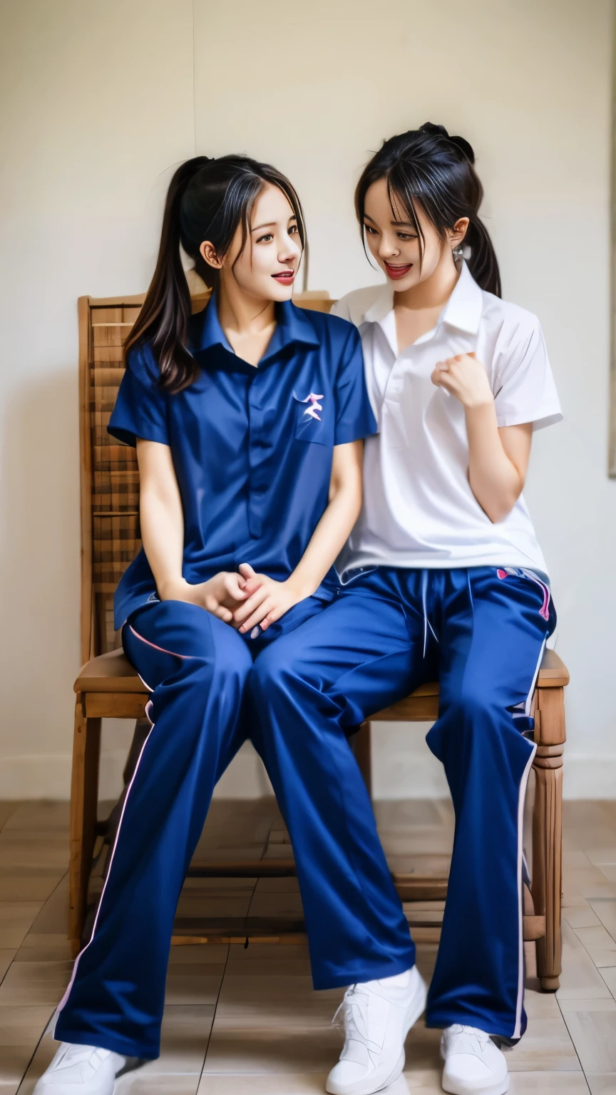 Two girls are sitting on chairs., Navy blue short-sleeved shirt,Navy Long Trackpant,Sweatpants, Sweatpantsขายาว, หญิงรักhave sex, coax, Sexual arousal, Realistic poses, exercise clothes, exercise clothes, have sex