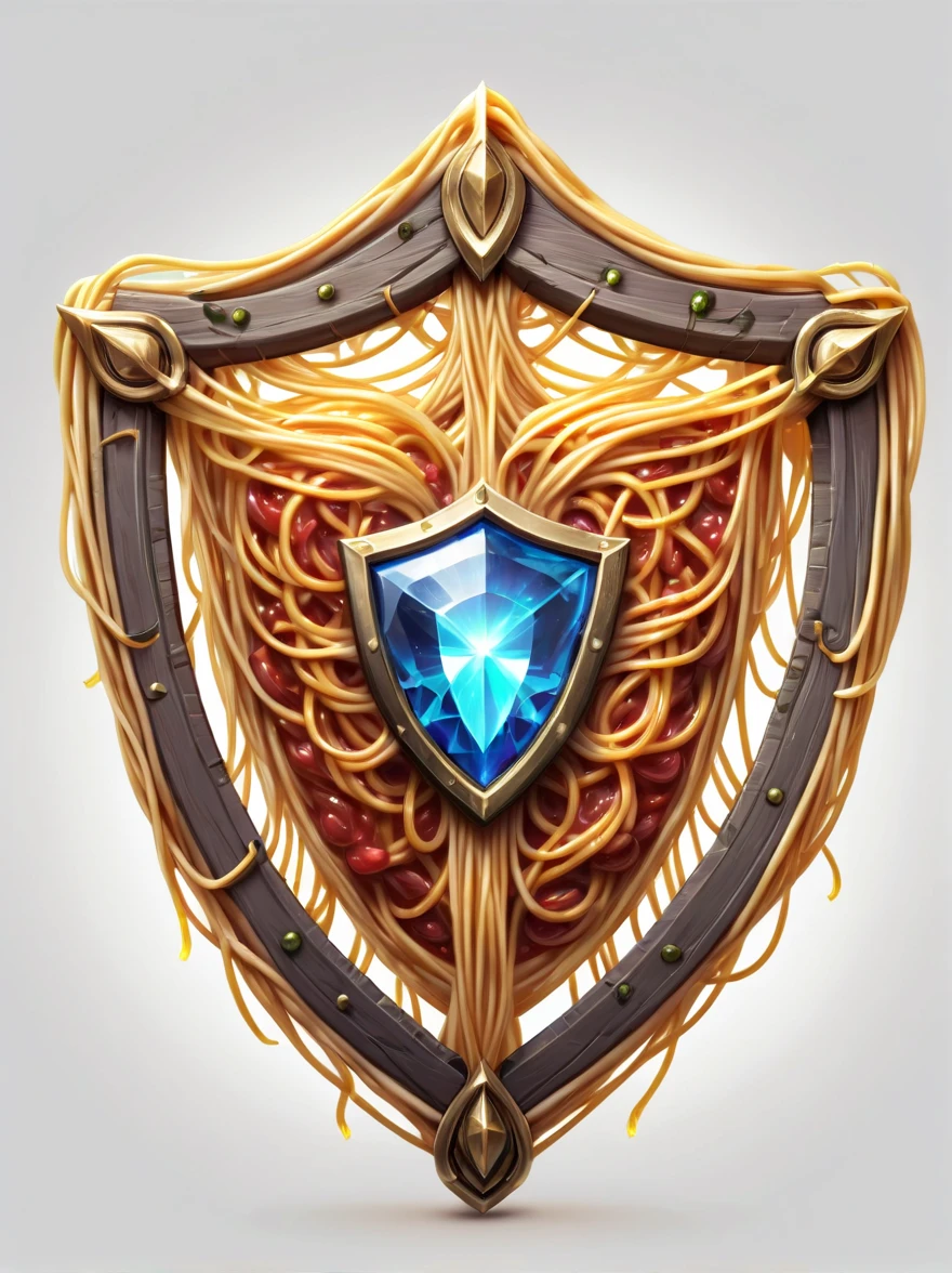 High quality concept game art of fantasy spaghetti shield, simple background, extremely detailed, glowing transparent gemstone power, made of intricate spaghetti, concept weapon art