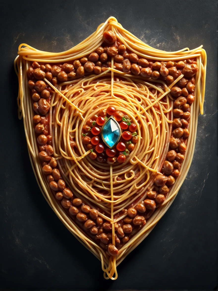 High quality concept game art of fantasy spaghetti shield, simple background, extremely detailed, glowing transparent gemstone power, made of intricate spaghetti, concept weapon art