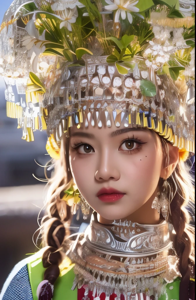 （8k，RAW photos，best quality，masterpiece：1.2））35mm，Ultra high detail，professional lighting，best quality，ultra high resolution，Visually stunning，（1girll：1.1），（Miao costume and headgear），real human skin，（Perfect body 1.3）super delicate face。