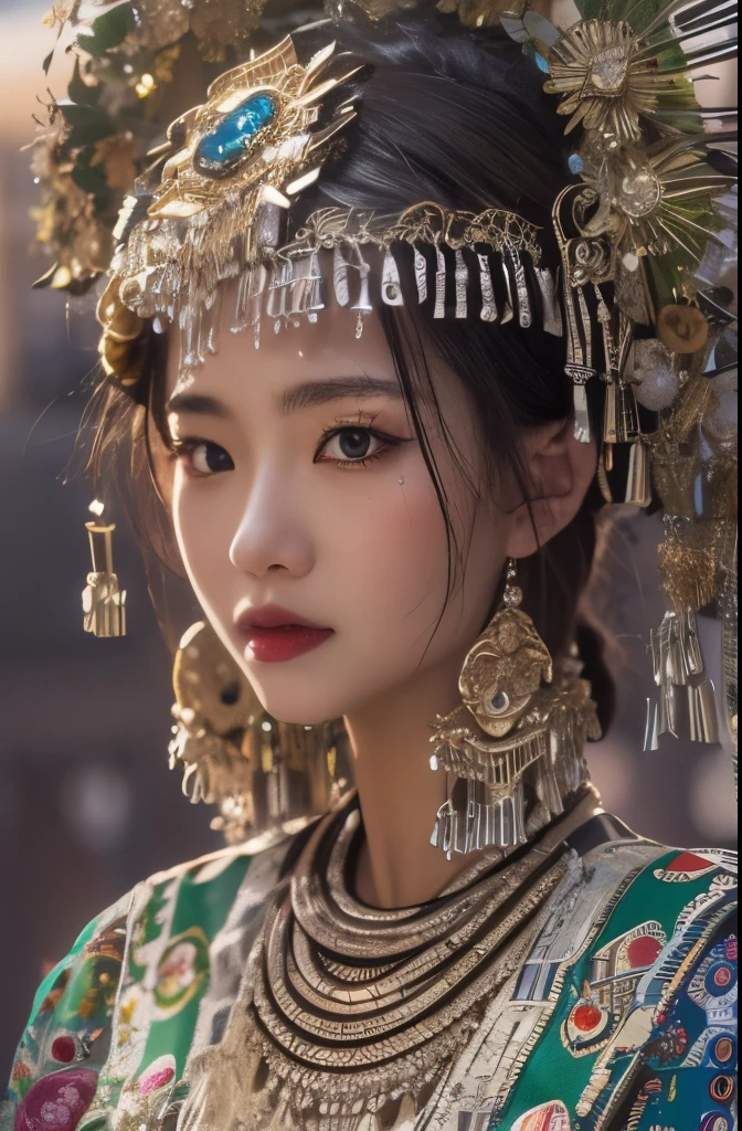 （8k，RAW photos，best quality，masterpiece：1.2））35mm，Ultra high detail，professional lighting，best quality，ultra high resolution，Visually stunning，（1girll：1.1），（Miao costume and headgear），real human skin，（Perfect body 1.3）super delicate face。