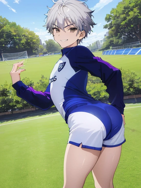 (((official art,Super thin illustration,High resolution, muste piece, best quality,best quality,)))high quality, detailed, (little boy),12 years old, A young ace striker male idol with a super cute face,A boy as beautiful as Planding, Cool handsome face with smile, soccer spike, long legs, thighs, Bulge, (Gray hair、short hair)、shiny hair, (Tight shiny random color soccer uniform suit), (tight and shiny soccer shorts), (Soccer Socks), grassy area, cool pose, (厚いthighs、Seduce your big ass to your crotch)、(((soccer field in the park)))、((Saucy、))、grinning grin、spread legs,ultra fine painting,,(((Being aware of the sexual gaze of middle-aged gay men)))、Service Shots、((detailedな目:1.2))、sharp and cute eyes,(((seducing)))