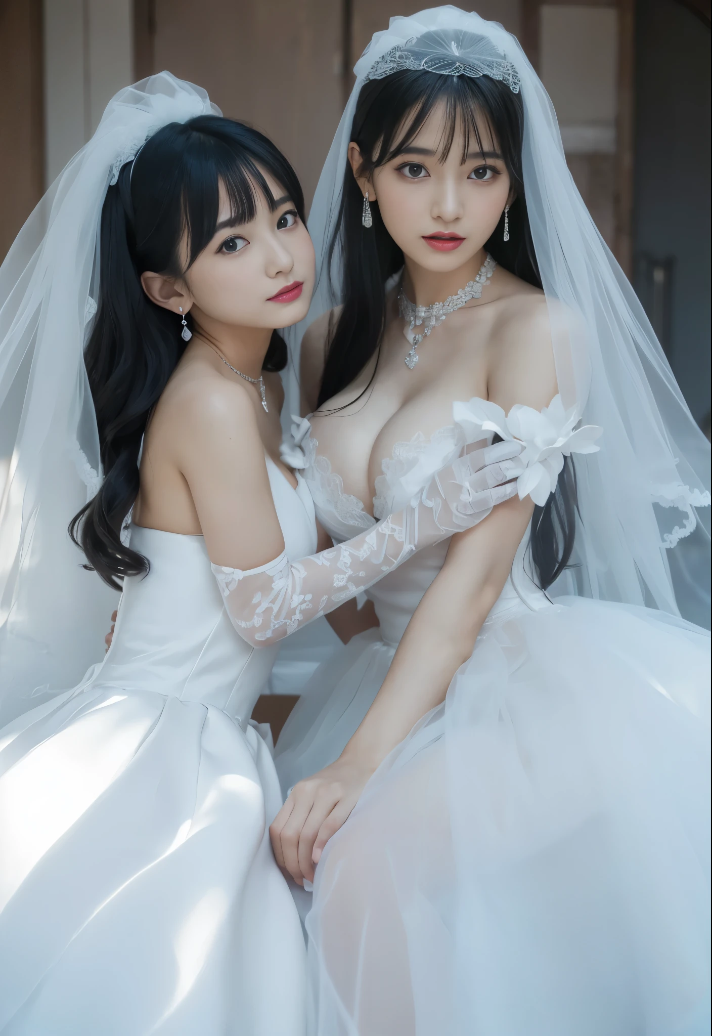 2girls,bride，Shut up，embrace，Gurwitz，black hair，makeup，(bride頭紗:1.5），（short sheer veil：1.5），Blushing face，Head flower，headgear，（tube top wedding dress：1.5），（Silk dress：1.2）,（Strapless wedding dress：1.5）,Bouquet,pure white dress，necklace，earrings，(large breasts:1.3)，Deep V peach heart collar wedding dress，Bangs，lipstick，（lace gloves：1.3）,Bust photo,High detail RAW color art,Tyndall phenomenon