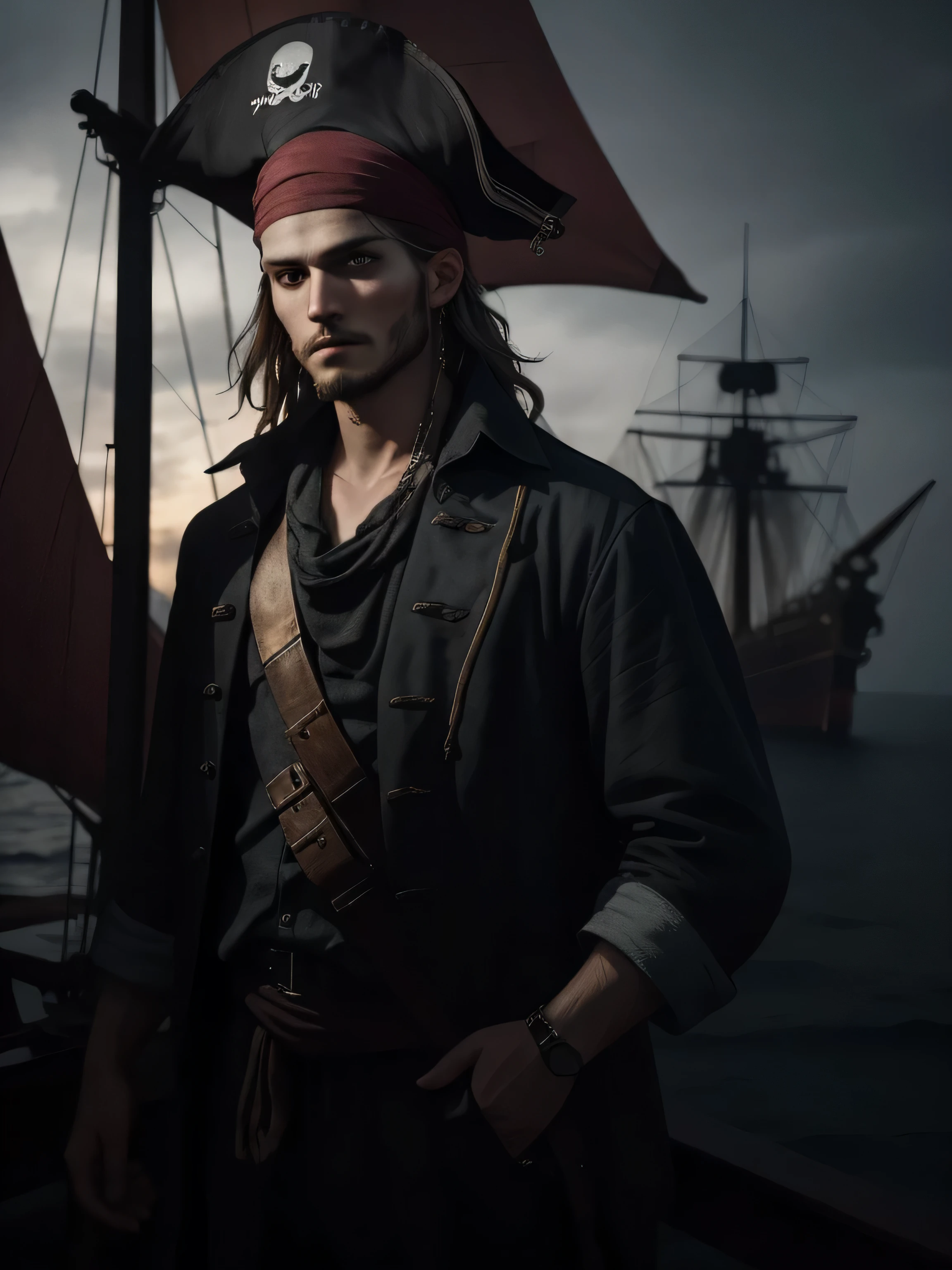 Gloomy picture, young pirate standing on a sailing ship, (20-25 years), Beautiful face, There is a bandana on his head, ship in the background, cinematic, still from the film, detailed dark background, high detail, masterpiece, masterpieceальное качество, strip of dawn on the horizon