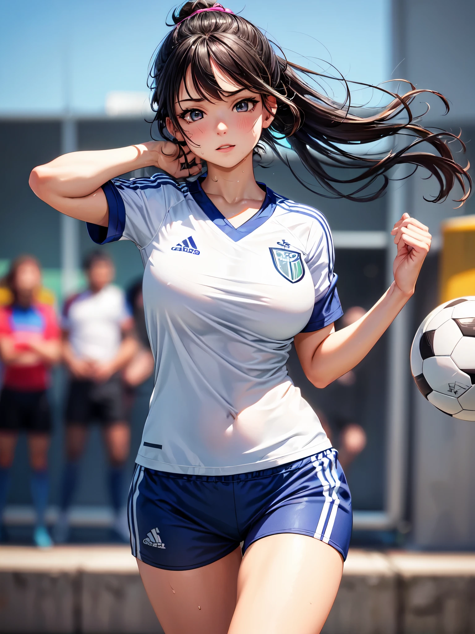 high quality,hd,16k,sharp line,1girl,female soccer athlete ,cute face, large breasts, nice legs,shoot a soccerball, sweat,in soccer venue,focus girl,detailed beautiful face,detailed clothes,beautiful eyes,pretty,dynamic angle