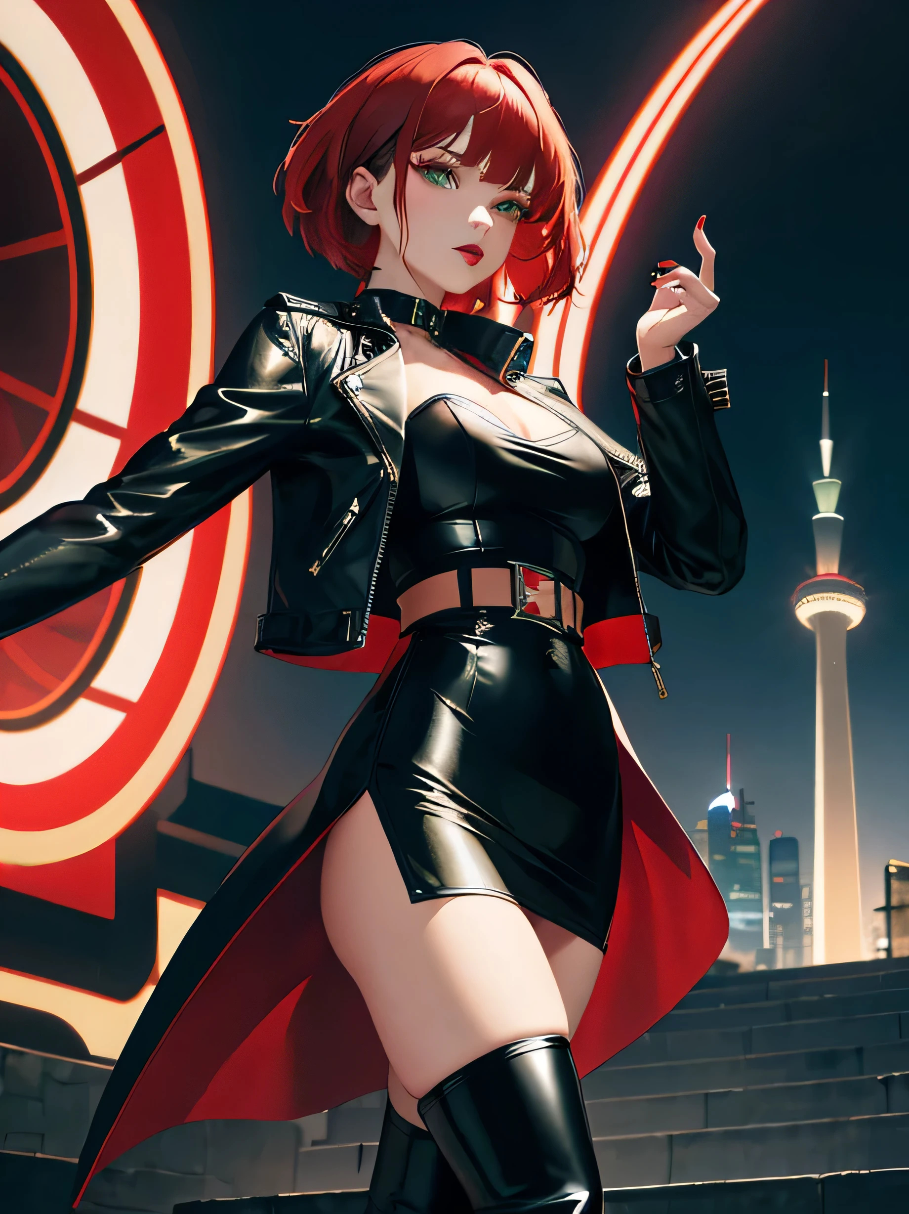 Masterpiece, best anatomy, high quality, a woman, red hair, a leather black jacket, black leather pants, black boots, a red electric guitar, a white dress, black strips on that dress, short haircut, black color lipstick, green eyes who plays near Milad tower