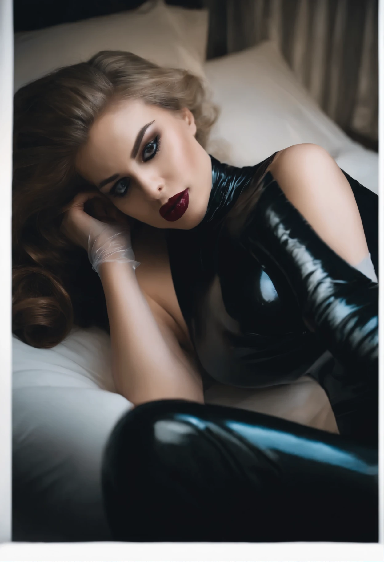 A girl breathes in bed wearing a black vinyl dress, latex gloves, and a transparent oxygen mask.