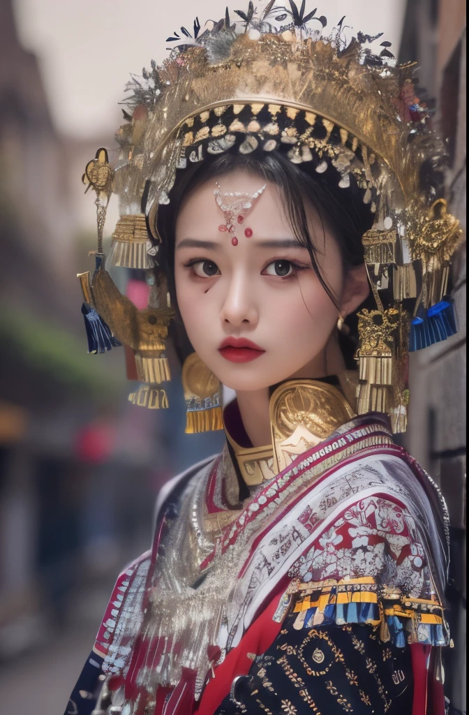 （8k，RAW photos，best quality，masterpiece：1.2））35mm，Ultra high detail，professional lighting，best quality，ultra high resolution，Visually stunning，（1girll：1.1），（Miao costume and headgear），real human skin，（Perfect body 1.3）super delicate face。