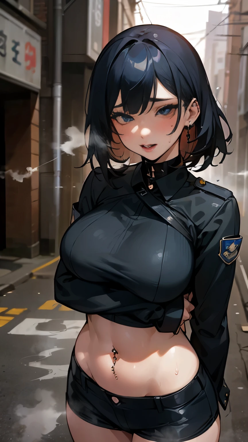 sexyな警察の女の子, Standing in a dirty downtown back alley late at night, Wearing a police uniform, sexy police girl on road, sexy, beautiful girl, cute face, beautiful face, wearing American police uniform, big breasts, realistic, photorealistc, high quality, 4K, detailed face, ultra realistic, high quality: 1.9, fine eyes, stylish pose, sexy pose, photograph, photograph撮影, ((navel piercing))、(((sweat,steam,Vulgarity、heavy makeup)))