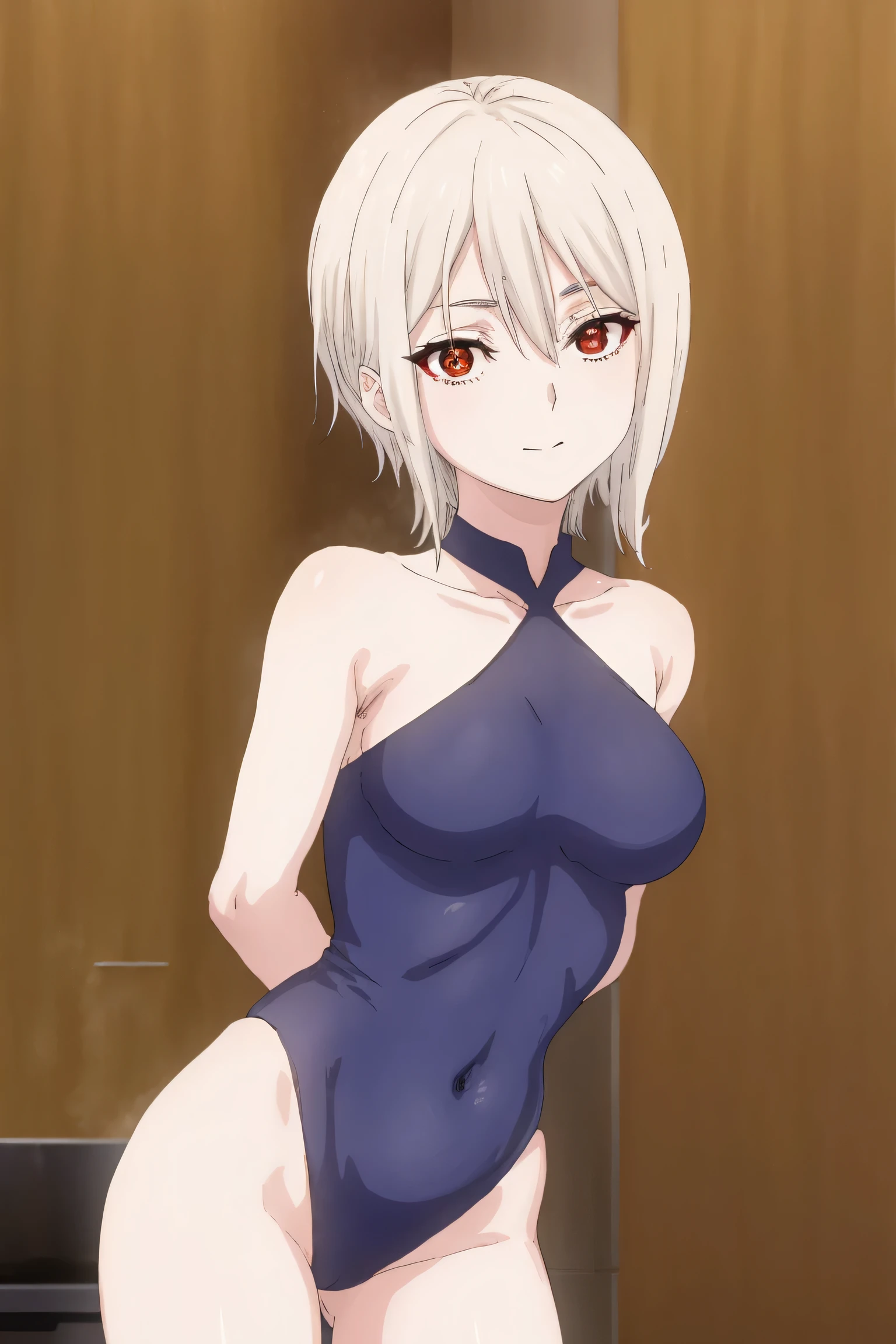 alicenakiri, alice nakiri, short hair, (red eyes:1.3), white hair, hair between eyes, smile,
BREAK bare shoulders, collarbone, leotard, strapless, covered navel, wariza, (pale skin:1.2), black leotard, tentacles, highleg leotard, strapless leotard,NSFW,
BREAK indoors, kitchen,
BREAK looking at viewer, (cowboy shot:1.5),standing, leaning forward, arms behind back,
BREAK (masterpiece:1.2), best quality, high resolution, unity 8k wallpaper, (illustration:0.8), (beautiful detailed eyes:1.6), extremely detailed face, perfect lighting, extremely detailed CG, (perfect hands, perfect anatomy),
