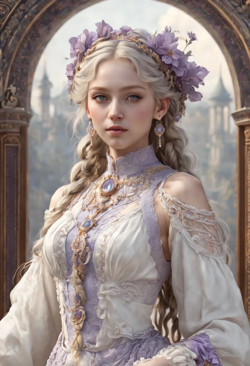 (8k 16k, RAW photo, best quality, master:1.2), (realistic, photo-realistic:1.37), ultra detailed, 1girl,solo, upper body, blue hair, big ice blue eyes, realistic, looking at viewer, happy, smile, masterpiece, realistic photography, by Alphonse Mucha, by Wlop, ), (Exaggerated Perspectives), f/ 2.8, (Surrealist Style), Visionary Art, (Trending on artstation) intricate outfit, intricate jewelry, necklace, large earrings, 