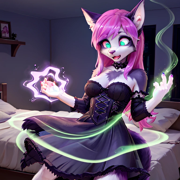 shocked hellhound in gothic make up with purple fur long Pink hairs with Blue Highlights and glowing Green eyes wearing gothic clothes looking at her hand while other hand on her breast there are some traces of magic floating around her she is in a bedroom