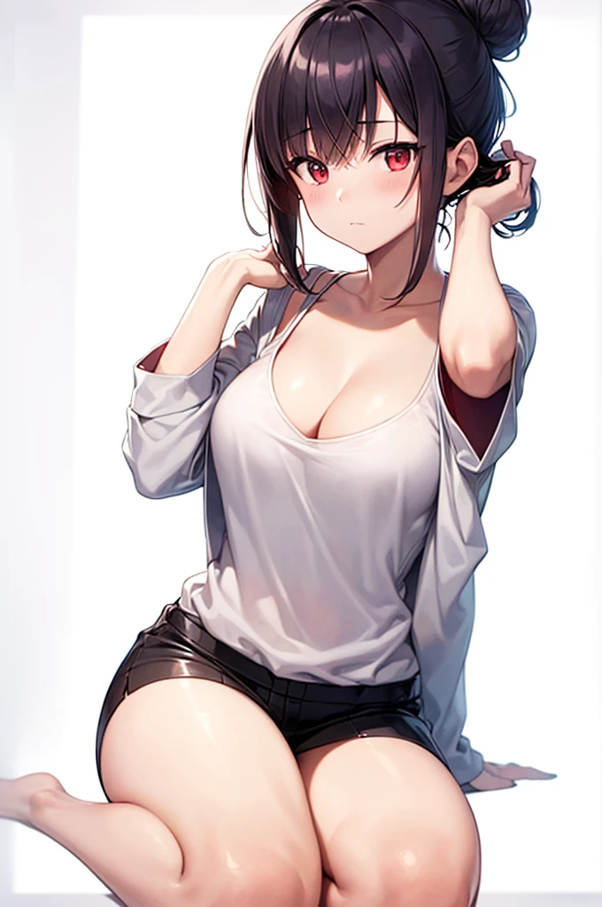 (((best quality, High resolution, japanese manga))) , red eyes, 1 girl, alone, looking at the viewer, topknot,hair bun, black hair, long sleeve, cleavage, medium breasts, closed mouth, clavicle, white tank top, open パーカー, black パーカー, パイピングランニングショーツ,Expressionless,Two-dimensional beautiful girl,Japan anime beautiful girl,Tie your hair with a red string