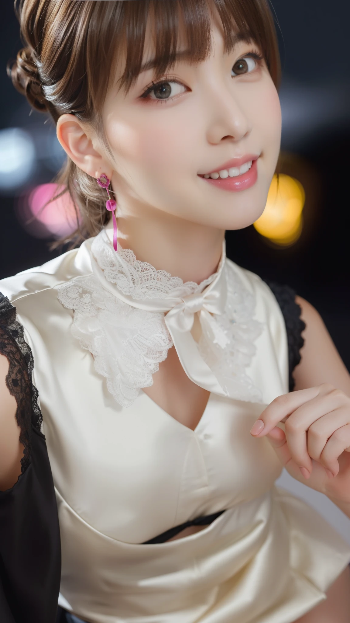 Photo taken by a professional photographer,8K, table top, RAW photo, highest quality, realistic, Highly detailed CG Unity 8K wallpaper, Depth of bounds written, cinematic light, Lens flare, ray tracing, (very beautiful face, beautiful lips, beautiful eyes), face with intricate details, ((super dense skin)) 1 girl, in the dark, deep shadow, cute korean girl, Flashy makeup with red eyeshadow,her shortcut, Delicate light brown hair is slightly disheveled with side waves.,wearing large ring earrings,K-POP idol, 1 girl, (very slim and slender fit muscular body:1.3), ((looking at the viewer)),(big smile:1.3), (magenta and black blouse), (sleeve fashion city night, dark night, (neon sign), (blurred background), fashion street night),(no people in the background:1.3), beautiful earrings, bracelet, necklace, pantyhose, clear eyes, walk, (white skin), (big eye ace forward, ((upper body shot)), ((silk color dresses:1.3)),(brown hair),((tight fit lace dress)), (See through), (looking at the viewer:1.3) open chest, very slim, medium breasts, backtracking,((buckshot)), See through, Medium Butt, mini skirt, updo hair, ((spread the thighs))
