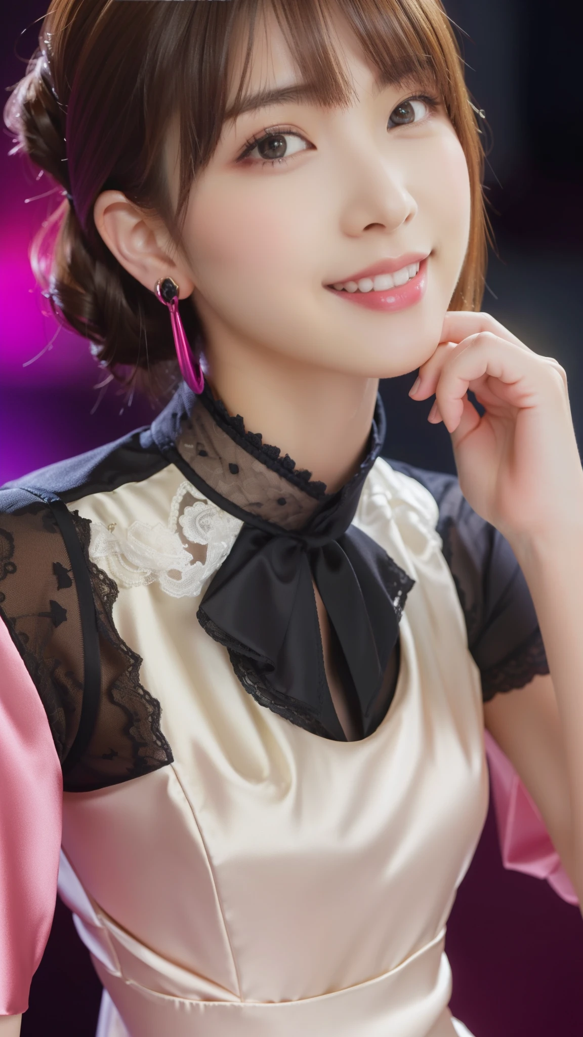Photo taken by a professional photographer,8K, table top, RAW photo, highest quality, realistic, Highly detailed CG Unity 8K wallpaper, Depth of bounds written, cinematic light, Lens flare, ray tracing, (very beautiful face, beautiful lips, beautiful eyes), face with intricate details, ((super dense skin)) 1 girl, in the dark, deep shadow, cute korean girl, Flashy makeup with red eyeshadow,her shortcut, Delicate light brown hair is slightly disheveled with side waves.,wearing large ring earrings,K-POP idol, 1 girl, (very slim and slender fit muscular body:1.3), ((looking at the viewer)),(big smile:1.3), (magenta and black blouse), (sleeve fashion city night, dark night, (neon sign), (blurred background), fashion street night),(no people in the background:1.3), beautiful earrings, bracelet, necklace, pantyhose, clear eyes, walk, (white skin), (big eye ace forward, ((upper body shot)), ((silk color dresses:1.3)),(brown hair),((tight fit lace dress)), (See through), (looking at the viewer:1.3) open chest, very slim, medium breasts, backtracking,((buckshot)), See through, Medium Butt, mini skirt, updo hair, ((spread the thighs))