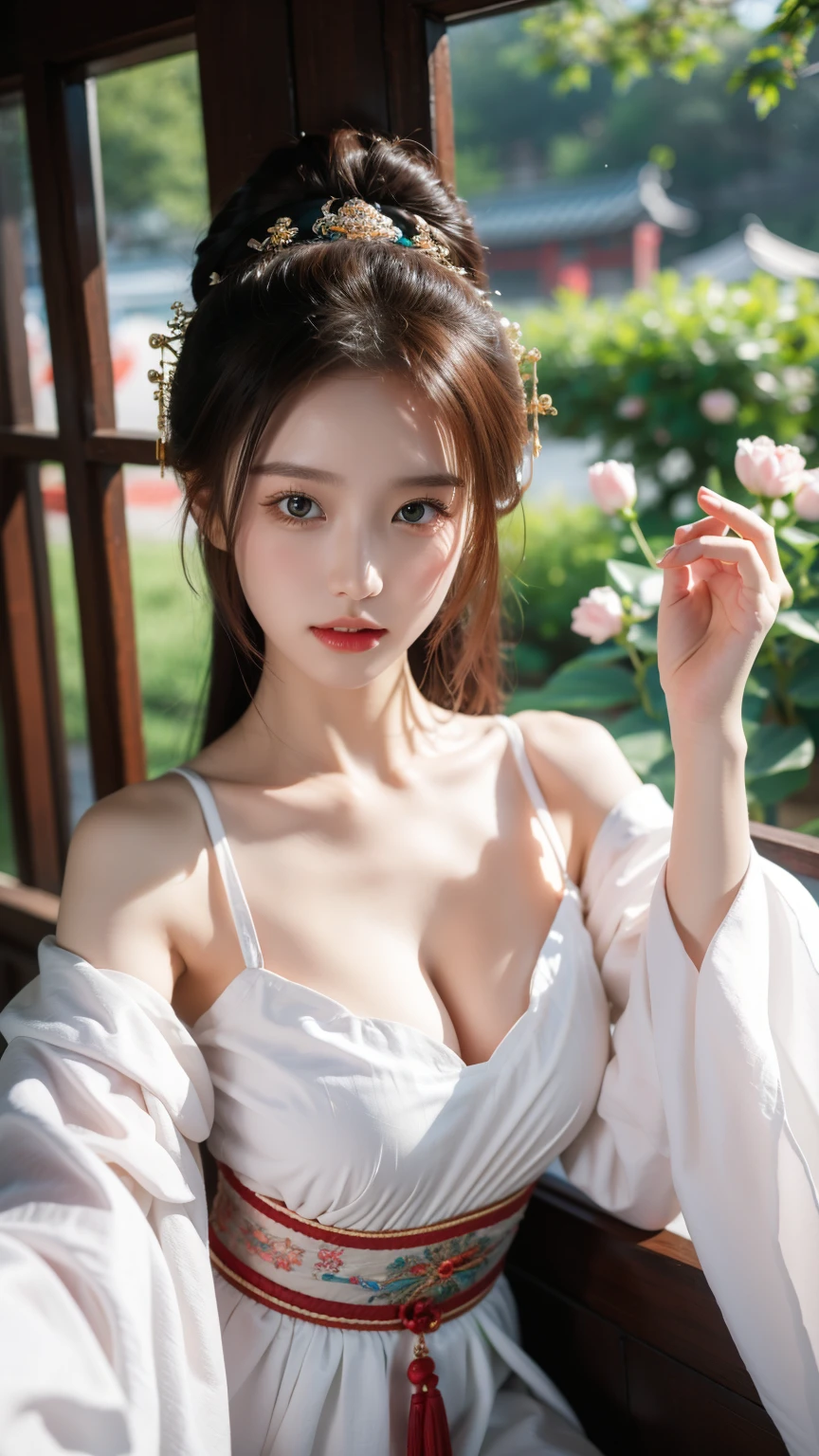 （whole body,panoramic），cleavage,Shoulder，perfect eyes，perfect iris，perfect lips，perfect teeth，perfect skin，White skin，soft headlights，Front light，Chinese girl，Yarn（Colorful Hanfu），（chinese woman&#39；hairstyle），（Various dynamic poses），Background Chinese interior，Green trees outside the window，MUCH QUALITY，masterpiece，ultra high resolution，（lifelike：1.4），original photo（Super lifelike details）， best quality，（18-year-old Chinese fashion female model）