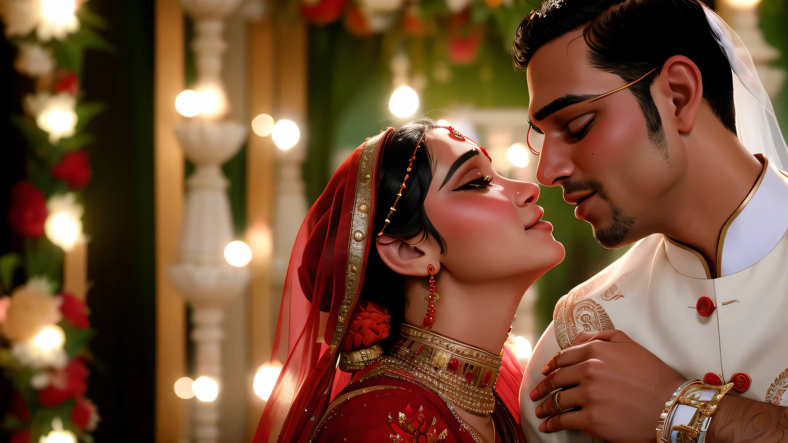 bride and groom in traditional Indian wedding attire kissing each other, the man wearing wrist on his hand, portrait shot, close-shot, 4k movie still