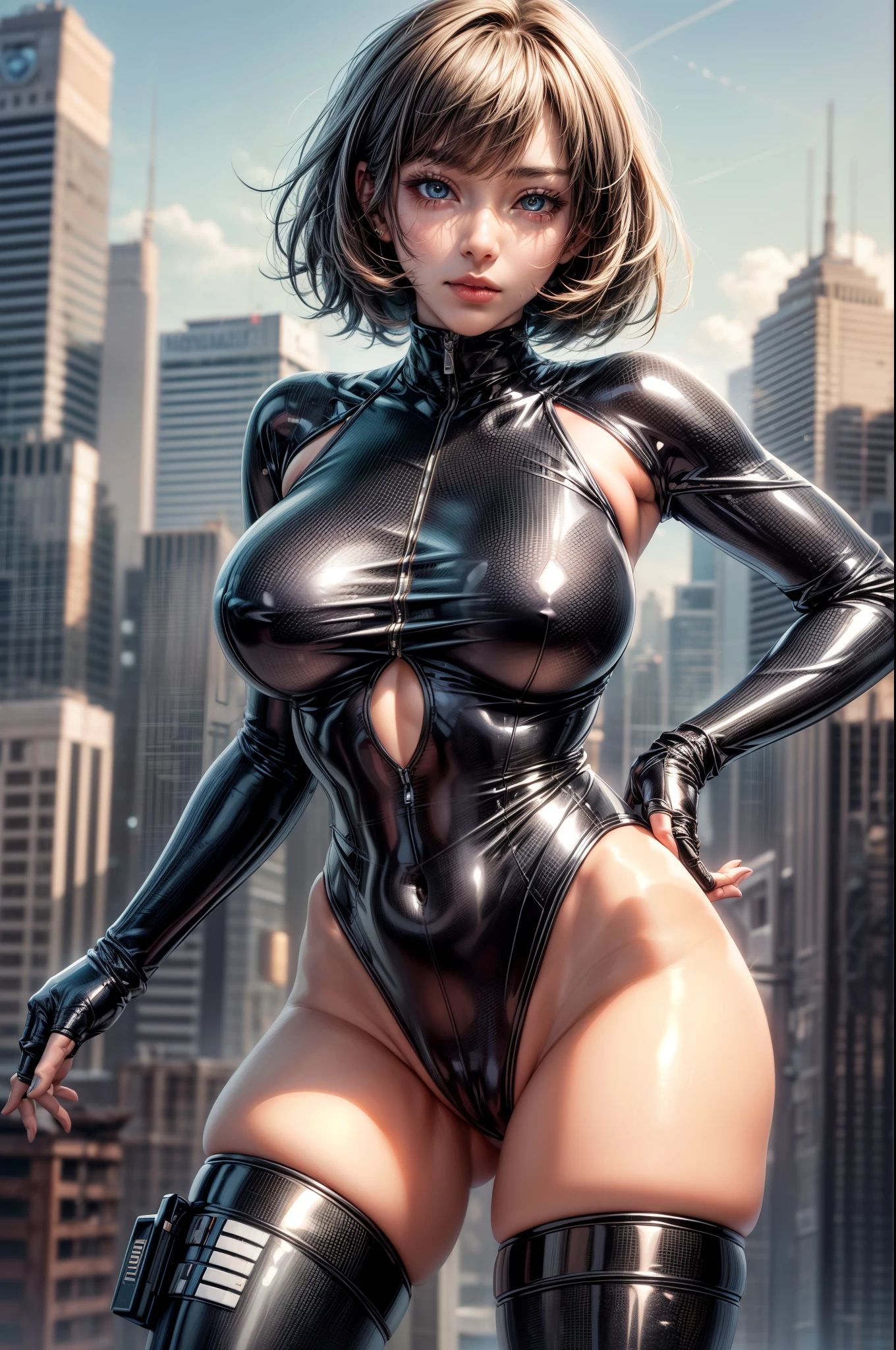 delicate face, 20-year-old kpop idol cyborg girl, dark(carbon fiber high leg cut leotard), Chest opening, {{angled bob}}, (big breasts:1.25), (mechanical joint), bangs, attractive curves, mid pelvis, seaside, standing posture, beach, glowing skin, ((puffyareolas)), (standing), dynamic pose, spread legs, (camel toe, cameltoe, vulvashaped:1.275), cyberpunk, sci-fi, (upper body:1.275), (8k, RAW photo, best quality, masterpiece: 1.47), (nsfw:1.275)