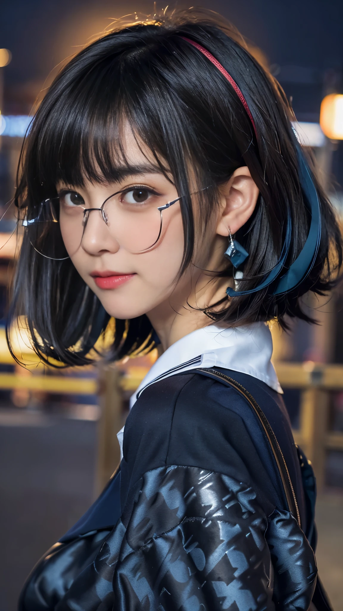 mix 4, (16K, Raw photo, best image quality, masterpiece: 1.45), (realistic, Photoreal: 1.37), one girl, cute, Wearing sunglasses，cityscape,, professional lighting, photon mapping, school classroom, Physically based rendering, dark brown hair,ponytail hairstyle, Beautiful well-groomed eyes、((double eyelid))、super cute girl, (((、blazer、Long-sleeved shirts worn by Japanese high school girls、ribbon tie、Navy blue super super super mini skirt,、dark blue socks、black loafers))), highest quality photos, High resolution, 1080P, (clear face), (Detailed facial description), (detailed description of hands), (masterpiece), (Detailed CG)、extreme light and shadow、messy hair、master work、Rich details、(detailed facial features)、(highest quality photos)、(Masseter muscle part)、(detailed eye)、look in front of you、thin clavicle、((slender and big))、(((Japanese high school girls wear long-sleeved shirts)))、((neat idol))、((school gate、schoolyard、School building in the background))、(Take photos from random viewpoints)、(((Anyway it&#39;s cute)))、earrings、big smile、Draw the whole body from the knees、Do not draw fine lines、(((Sports bags used by Japan schoolgirls)))、(small breasts:1.2)、small buttocks with tension、Two arms and two legs、(((from the front:0.7)))、bare hands、(((symmetrical eyes)))、standing pose、put your hands on the desk、Do not remove the tie from the jacket､